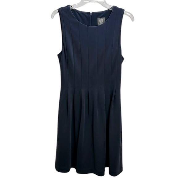Vince Camuto Navy Blue Fit & Flare Scuba Dress Size 10 Sleeveless Pleated - Picture 1 of 16